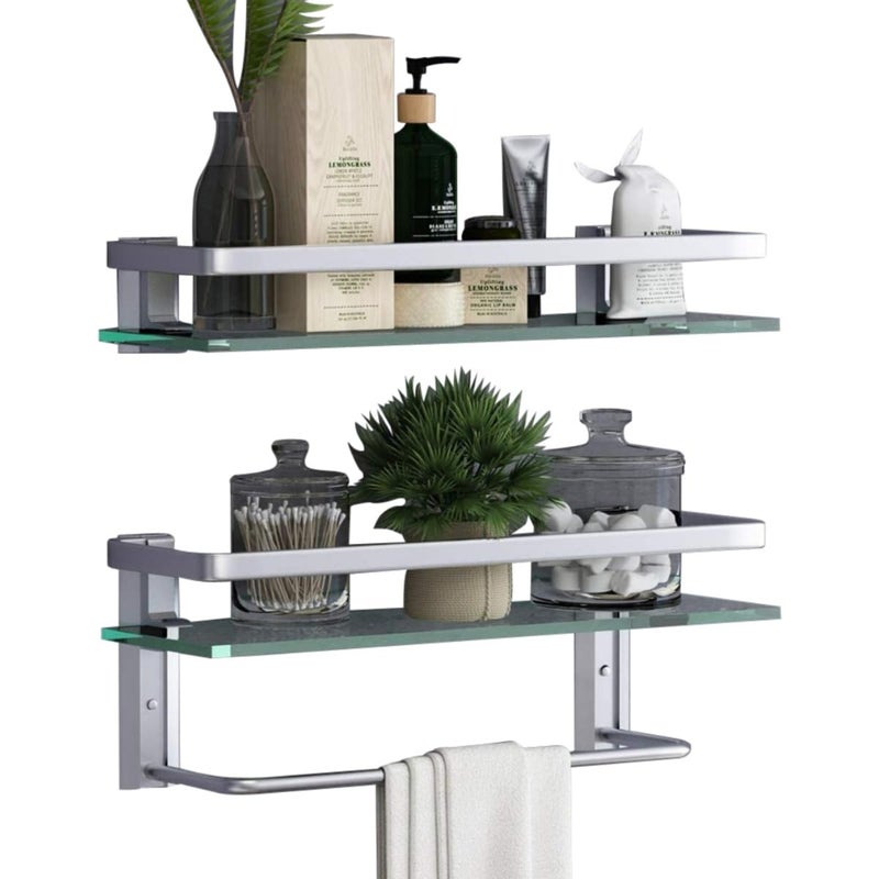 VOLPONE Glass Bathroom Shelf 15.7in Bathroom Shelf Wall Mounted Floating Glass Shelves with Towel Holder Glass Shelf for Bathroom 2 Tier (Sliver) - Image 1